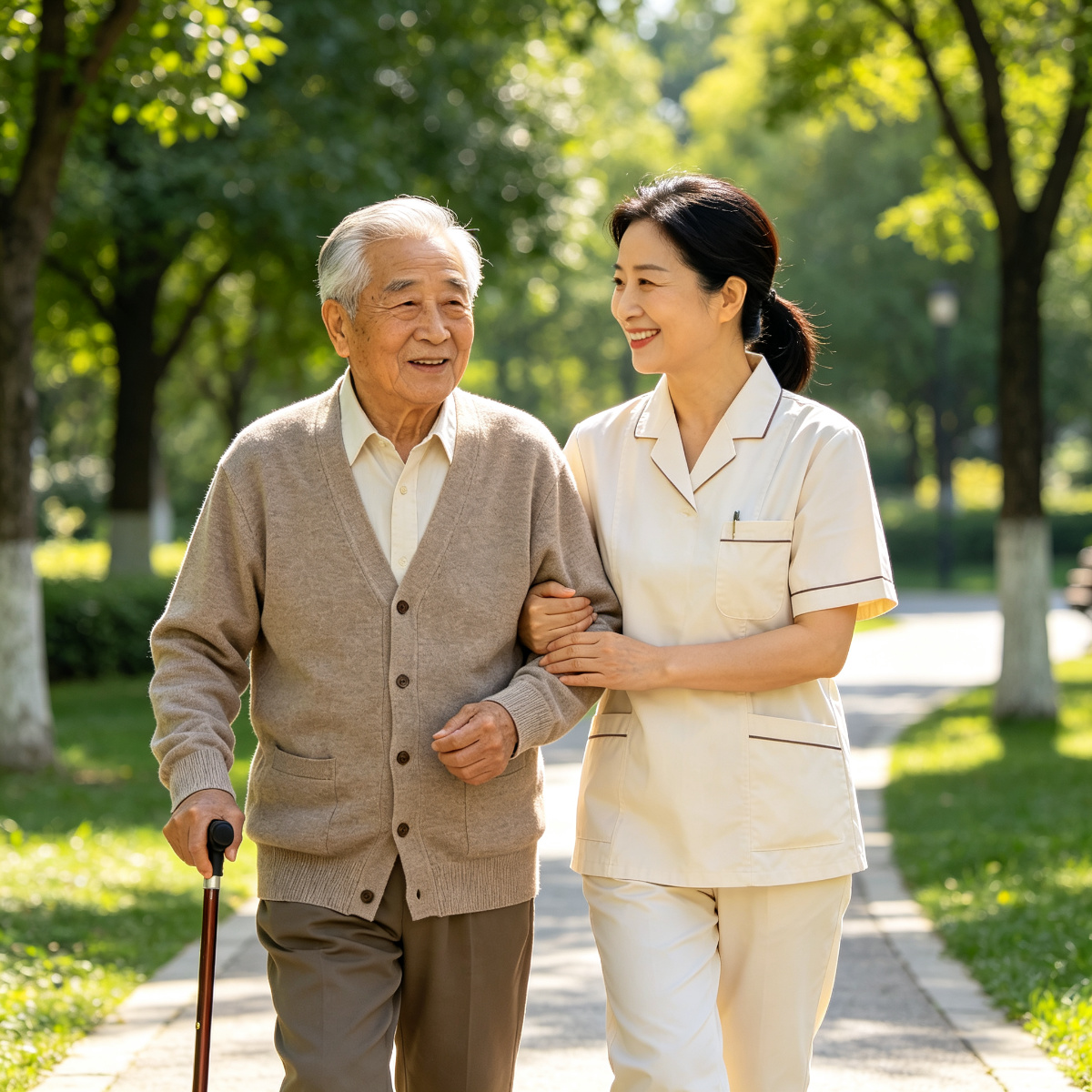 陪伴师陪同老人散步